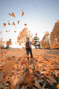 Low angle view of person standing by tree during autumn against sky