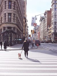 Rear view of woman crossing road with dog