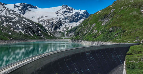 Scenic view of lake by snowcapped mountains against sky