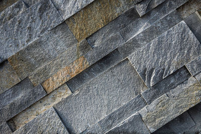 Background of gray and brown stone wall made with blocks . pattern of slate wall texture 