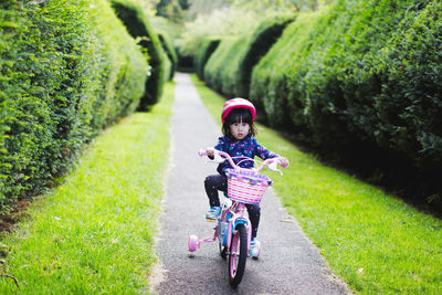 Cute baby riding bicycle at park