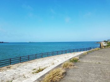 Scenic view of sea against clear blue sky