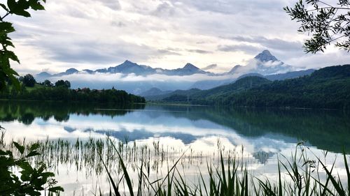 Scenic view of lake and mountains against sky