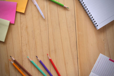 High angle view of colored pencils on table