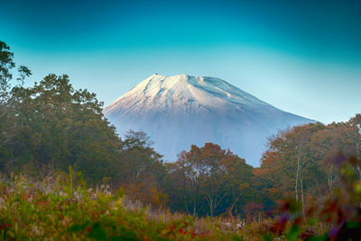 Scenic view of snowcapped mountains against clear blue sky