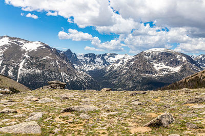 Scenic view of snowcapped mountains against sky