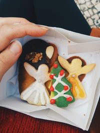Cropped image of hand holding christmas cookies in paper plate