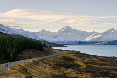 Scenic view of lake and mountains against sky