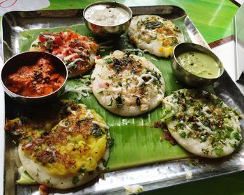 High angle view of food served on table