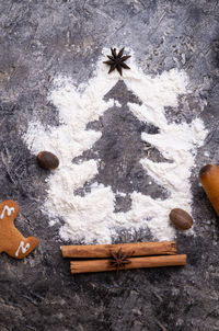 High angle view of christmas decorations on table