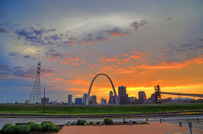 View of cityscape against cloudy sky during sunset