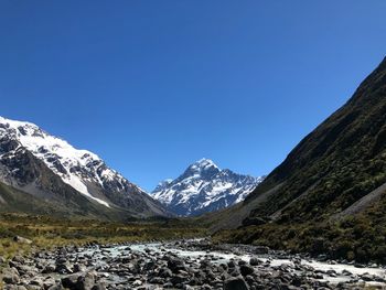 Scenic view of snowcapped mountains against clear blue sky