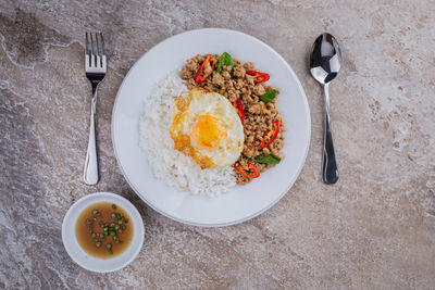 Directly above shot of breakfast served on table