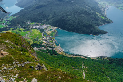 High angle view of sea and mountains