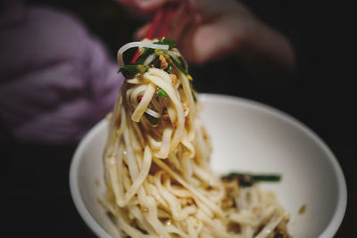 Close-up of hand holding food in plate