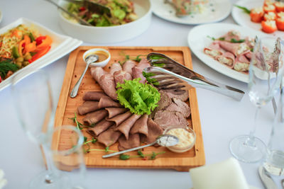 High angle view of food served on table