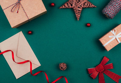 High angle view of christmas decoration on table