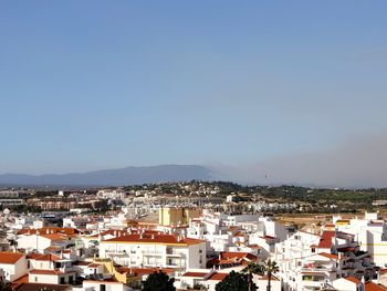 High angle view of townscape against blue sky