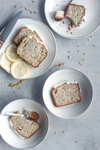 High angle view of breakfast served on table