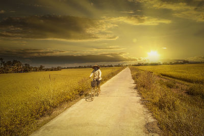 Rear view of person riding bicycle on road amidst field