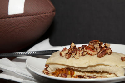 Close-up of cake in plate on table