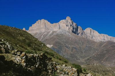 Scenic view of mountains against clear blue sky
