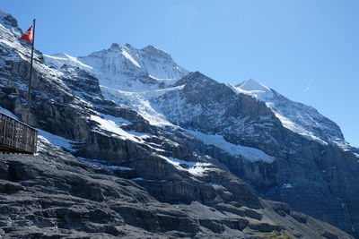 Scenic view of snowcapped mountains against clear sky