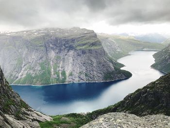 Panoramic view of lake and mountains against sky