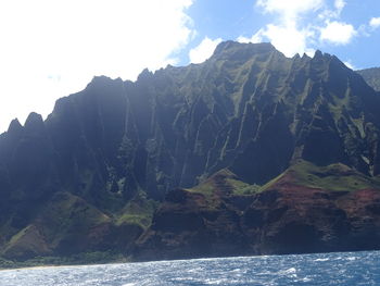 Scenic view of sea and mountains against sky