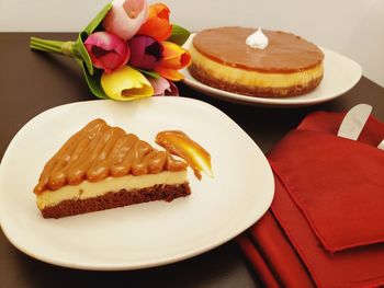 Close-up of cake served in plate on table