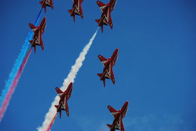Low angle view of fighter planes flying against sky during airshow