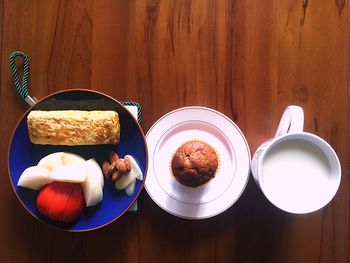 High angle view of breakfast served on table