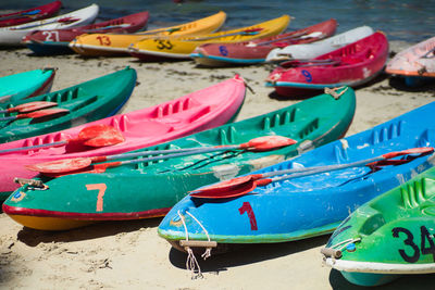 Boats moored on beach