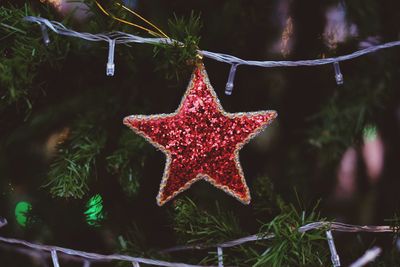 Close-up of star shaped decoration hanging on christmas tree