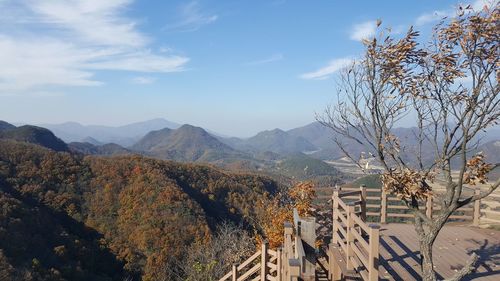 High angle view of plants and mountains against sky