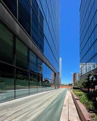 Road by modern buildings against clear blue sky