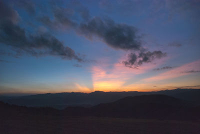 Scenic view of silhouette mountains against sky at sunset