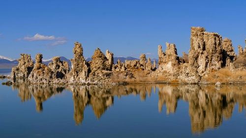 Scenic view of lake against clear blue sky