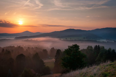 Scenic view of mountains against sky during sunset