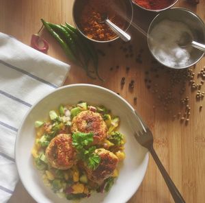 High angle view of salad in bowl on table