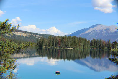 Scenic view of lake and mountains against sky