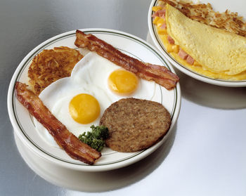 High angle view of breakfast served on table