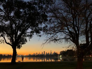Silhouette of trees and buildings at sunset