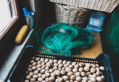 High angle view of eggs in wicker basket