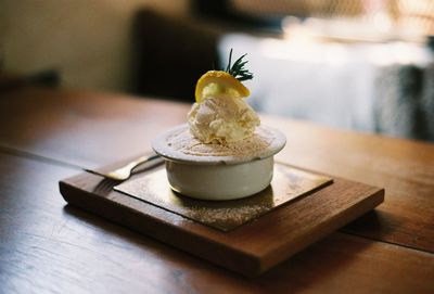 Close-up of ice cream on table