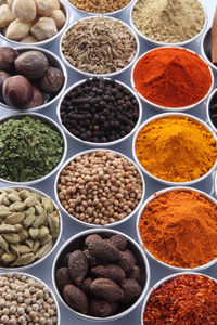 Close-up of various spices on white background