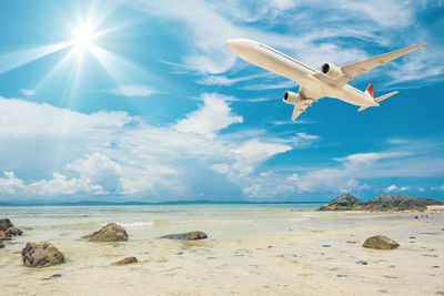 Airplane flying over sea against sky