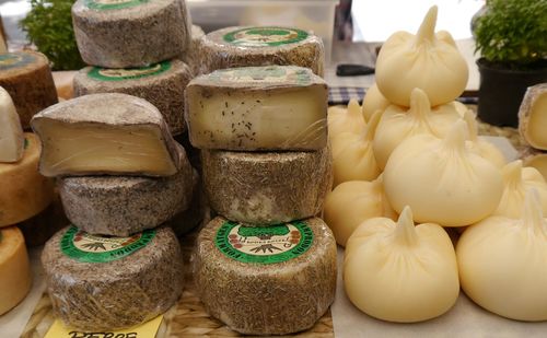 High angle view of cheese on market stall