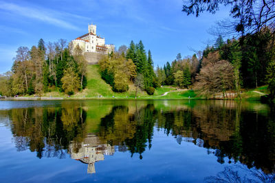 Reflection of trees in lake against sky