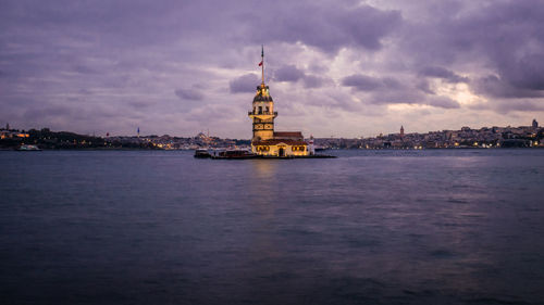 View of buildings at waterfront against cloudy sky